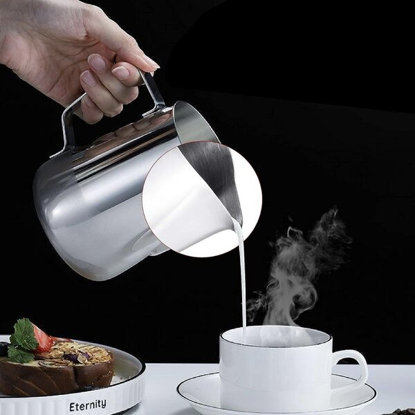 Cana gradata din inox Pufo, latiera pentru spumare lapte, cappuccino, tip ulcior barista cu maner, 350 ml