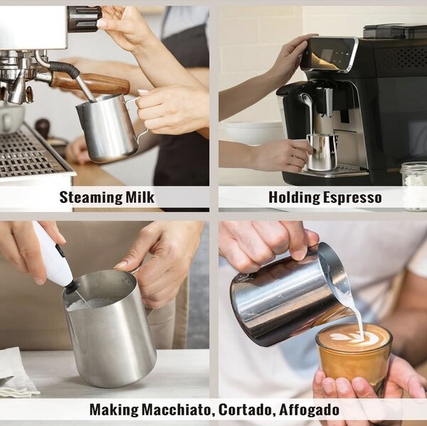 Cana gradata din inox Pufo, latiera pentru spumare lapte, cappuccino, tip ulcior barista cu maner, 350 ml