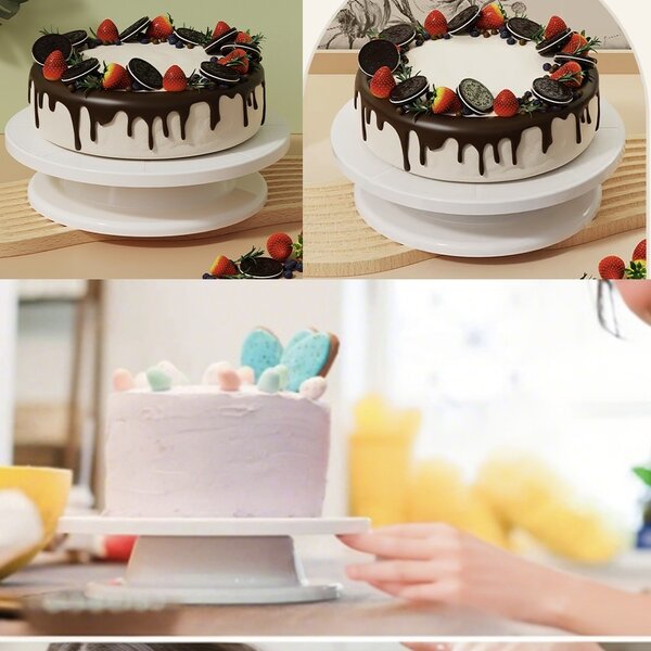 Platou decorativ rotativ Pufo Cake pentru prezentare si decorare tort, 28 cm, alb