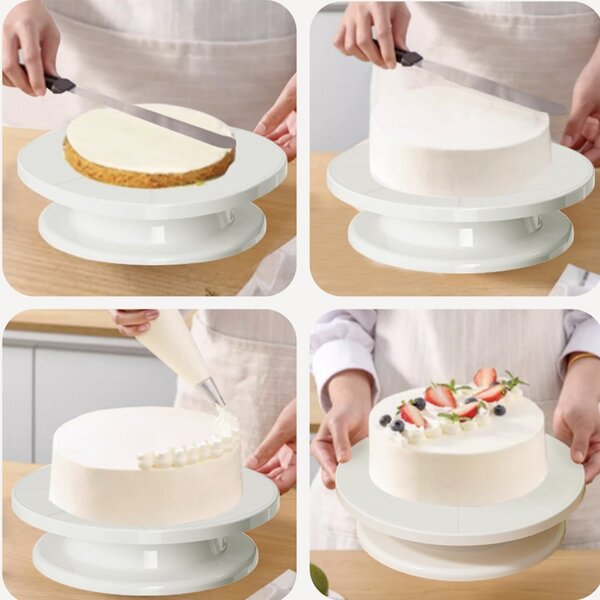 Platou decorativ rotativ Pufo Cake pentru prezentare si decorare tort, 28 cm, alb