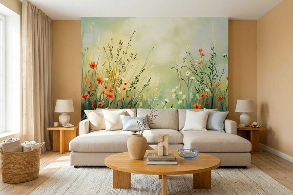 Tapet Flori și ierburi de câmp în stil pictural delicat, Fototapet Natură, w05015 : Uwalls.ro