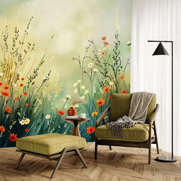 Tapet Flori și ierburi de câmp în stil pictural delicat, Fototapet Natură, w05015 : Uwalls.ro