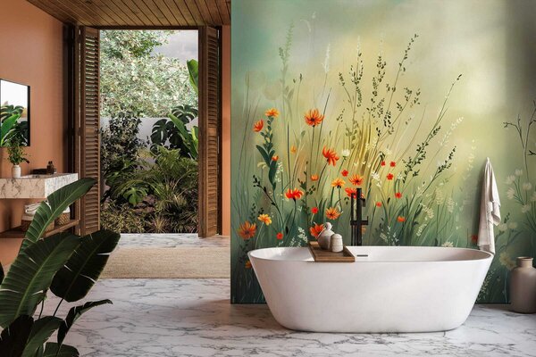 Tapet Flori și ierburi de câmp în stil pictural delicat, Fototapet Natură, w05015 : Uwalls.ro