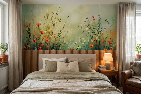 Tapet Flori și ierburi de câmp în stil pictural delicat, Fototapet Natură, w05015 : Uwalls.ro