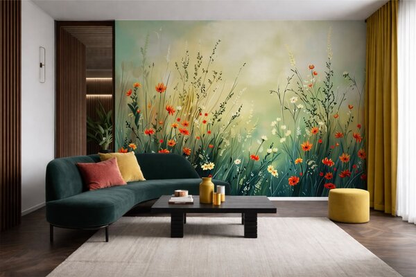 Tapet Flori și ierburi de câmp în stil pictural delicat, Fototapet Natură, w05015 : Uwalls.ro