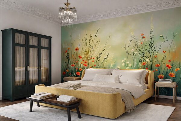 Tapet Flori și ierburi de câmp în stil pictural delicat, Fototapet Natură, w05015 : Uwalls.ro