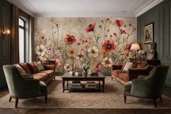 Tapet Compoziție florală cu fundal texturat în tonuri calde, Fototapet Acuarelă, w05016 : Uwalls.ro