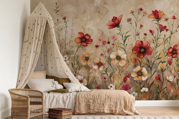Tapet Compoziție florală cu fundal texturat în tonuri calde, Fototapet Acuarelă, w05016 : Uwalls.ro