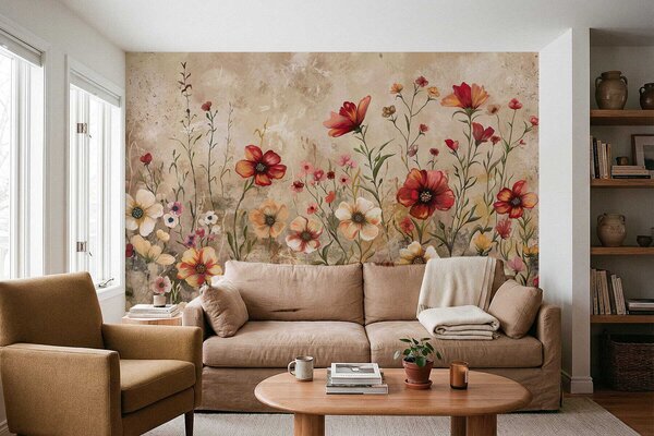 Tapet Compoziție florală cu fundal texturat în tonuri calde, Fototapet Acuarelă, w05016 : Uwalls.ro