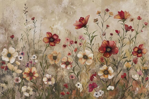 Tapet Compoziție florală cu fundal texturat în tonuri calde, Fototapet Acuarelă, w05016 : Uwalls.ro