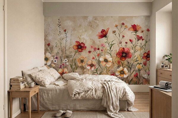 Tapet Compoziție florală cu fundal texturat în tonuri calde, Fototapet Acuarelă, w05016 : Uwalls.ro