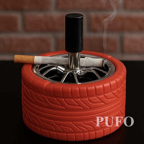 Scrumiera metalica Pufo Angry Wheel, antivant cu buton, 10 cm, rosu/ argintiu