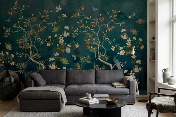 Tapet Scena decorativă cu copaci, flori și păsări pe fundal întunecat, Fototapet Flori, w05004 : Uwalls.ro
