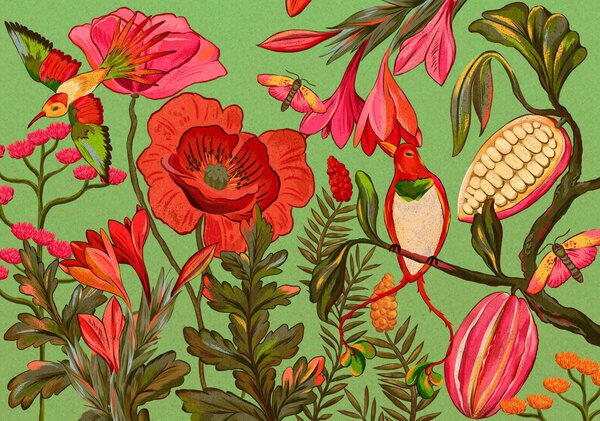 Tapet Flori decorative și păsări pe fundal verde, Fototapet Natură, w05036v1 : Uwalls.ro