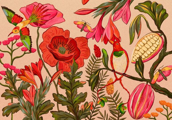 Tapet Flori decorative și păsări pe fundal bej, Fototapet Natură, w05036 : Uwalls.ro