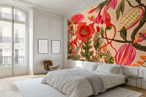 Tapet Flori decorative și păsări pe fundal bej, Fototapet Natură, w05036 : Uwalls.ro