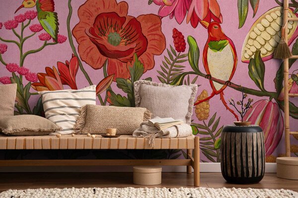 Tapet Flori decorative și păsări pe fundal roz, Fototapet Natură, w05036v2 : Uwalls.ro