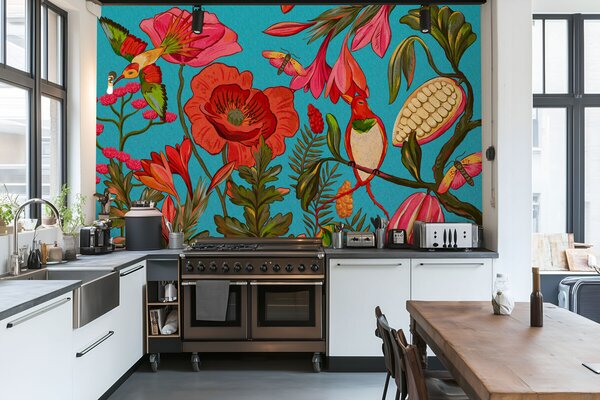 Tapet Flori decorative și păsări pe fundal albastru, Fototapet Natură, w05036v3 : Uwalls.ro