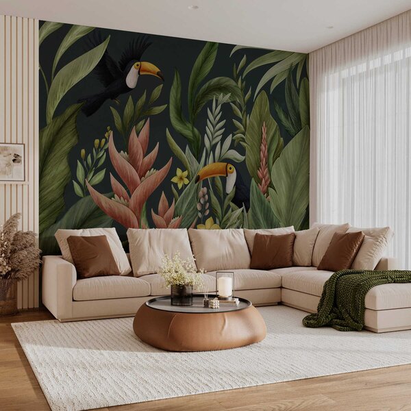 Tapet Plante tropicale și păsări cu cioc mare pe fundal întunecat, Fototapet Natură, w05088v2 : Uwalls.ro