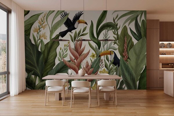 Tapet Plante tropicale și păsări cu cioc mare pe fundal deschis, Fototapet Natură, w05088v1 : Uwalls.ro