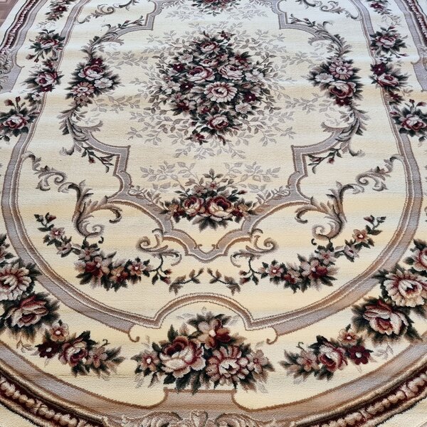 Covor Clasic Sufragerie, Model Lotos 574 100, Oval, Crem Oval, 60x110