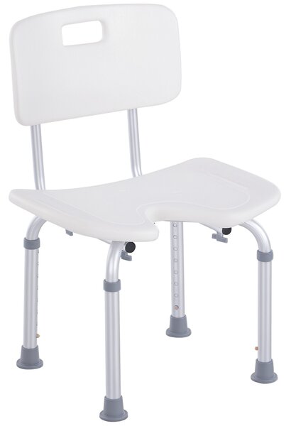 HOMCOM Scaun de Duș Reglabil pe 8 Nivele cu Orificii de Drenaj și Șezut în Formă de U, 48x42x71-83,5 cm, Alb | Aosom Romania