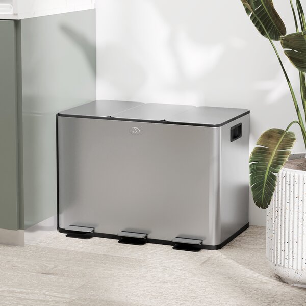 HOMCOM Coș de Gunoi cu 3 Compartimente de 20L, Cu Pedală, Capace cu Închidere Silențioasă, Oțel Inoxidabil și PP, 61,9x36,6x56,7 cm, Argintiu | Aosom Romania