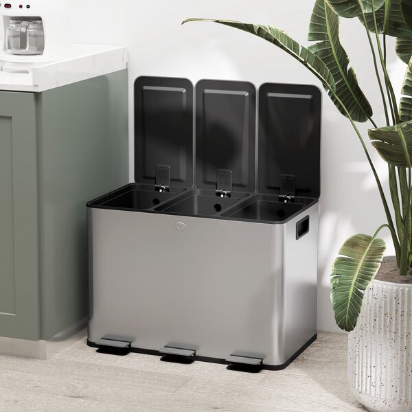 HOMCOM Coș de Gunoi cu 3 Compartimente de 20L, Cu Pedală, Capace cu Închidere Silențioasă, Oțel Inoxidabil și PP, 61,9x36,6x56,7 cm, Argintiu | Aosom Romania