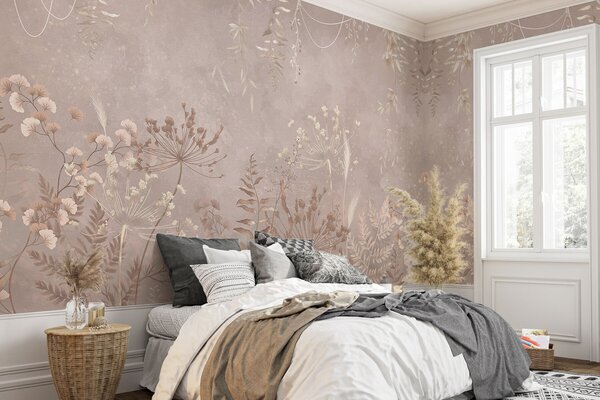Tapet Model botanic bej deschis cu flori sălbatice, Fototapet Natură, Fototapet Frunze, w05092v2 : Uwalls.ro