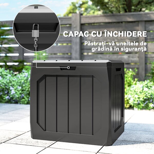 Outsunny Ladă de Grădină 121L din Plastic, Cutie de Depozitare pentru Exterior cu Mânere, Impermeabilă și cu Încuiere, 56x45x53 cm, Negru | Aosom Romania