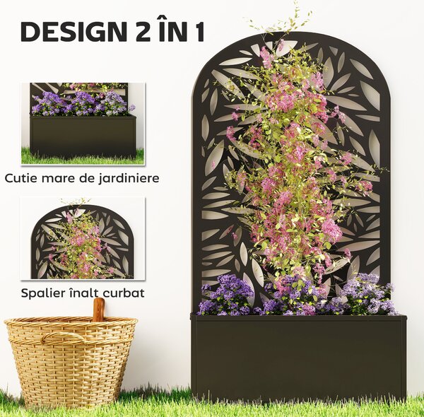 Outsunny Jardiniere Ridicată pentru Grădină și Balcon cu Spalier Arcuit Decorat cu Frunze, pentru Flori și Legume, Montare pe Perete sau Utilizare Independentă, Negru | Aosom Romania