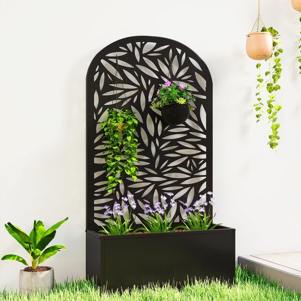 Outsunny Jardiniere Ridicată pentru Grădină și Balcon cu Spalier Arcuit Decorat cu Frunze, pentru Flori și Legume, Montare pe Perete sau Utilizare Independentă, Negru | Aosom Romania