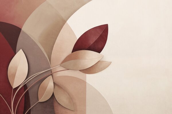 Tapet Ramură abstractă texturată cu frunze în nuanțe de maro, bej și roșu, pe un fundal de forme abstracte, Fototapet Abstract, w09618 : Uwalls.ro