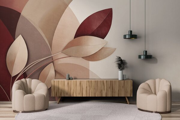 Tapet Ramură abstractă texturată cu frunze în nuanțe de maro, bej și roșu, pe un fundal de forme abstracte, Fototapet Abstract, w09618 : Uwalls.ro