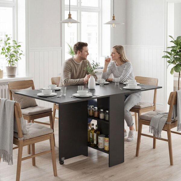HOMCOM Masă Pliantă din Lemn cu Roți, pentru 4-6 Persoane, 75x140x75 cm, Negru | Aosom Romania