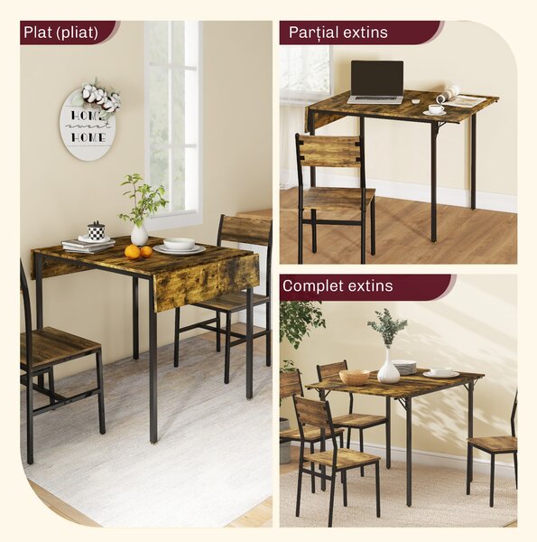 HOMCOM Masă Pliabilă Stil Industrial pentru 2-4 Persoane cu 2 Laturi Extensibile, 120x79x79 cm, Maro Rustic | Aosom Romania