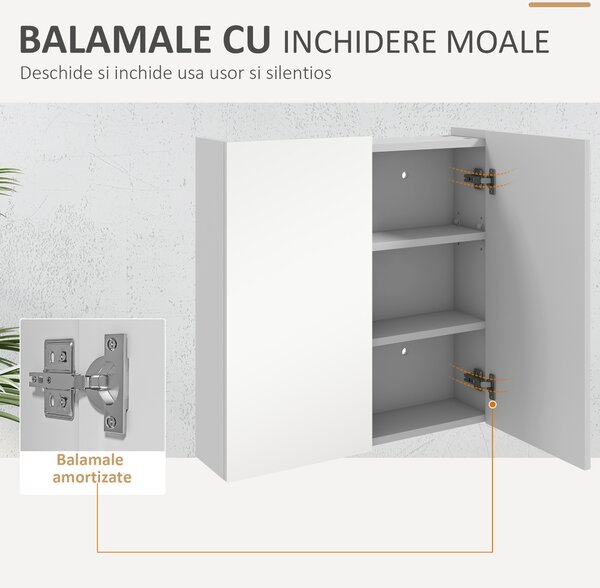 Kleankin Dulap de Baie cu Oglindă, 2 Uși Soft Close, 60x15x60 cm, Rafturi Ajustabile, Dulap Suspendat cu Economisire de Spațiu, Alb Lucios | Aosom Romania