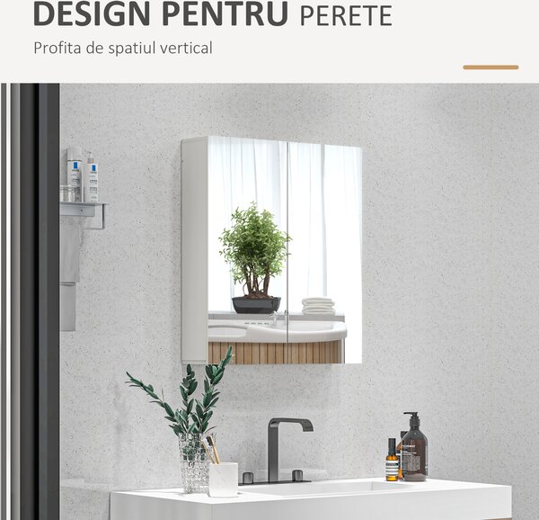 Kleankin Dulap de Baie cu Oglindă, 2 Uși Soft Close, 60x15x60 cm, Rafturi Ajustabile, Dulap Suspendat cu Economisire de Spațiu, Alb Lucios | Aosom Romania