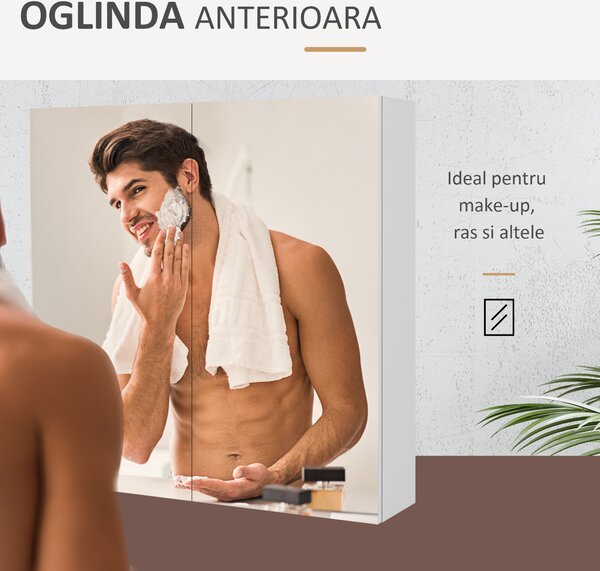 Kleankin Dulap de Baie cu Oglindă, 2 Uși Soft Close, 60x15x60 cm, Rafturi Ajustabile, Dulap Suspendat cu Economisire de Spațiu, Alb Lucios | Aosom Romania
