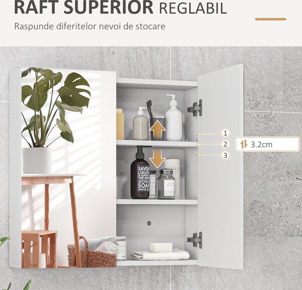 Kleankin Dulap de Baie cu Oglindă, 2 Uși Soft Close, 60x15x60 cm, Rafturi Ajustabile, Dulap Suspendat cu Economisire de Spațiu, Alb Lucios | Aosom Romania