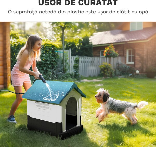 PawHut Cușcă pentru Câini de Exterior din Plastic, Căsuță pentru Câini Mici și Mini cu Ferestre, Acoperiș Înclinat și Bază Ridicată, 64,5x57x66 cm, Albastru | Aosom Romania