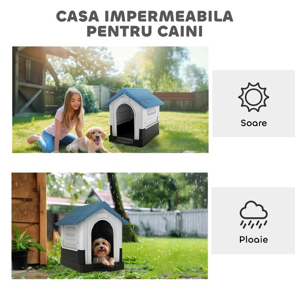 PawHut Cușcă pentru Câini de Exterior din Plastic, Căsuță pentru Câini Mici și Mini cu Ferestre, Acoperiș Înclinat și Bază Ridicată, 64,5x57x66 cm, Albastru | Aosom Romania