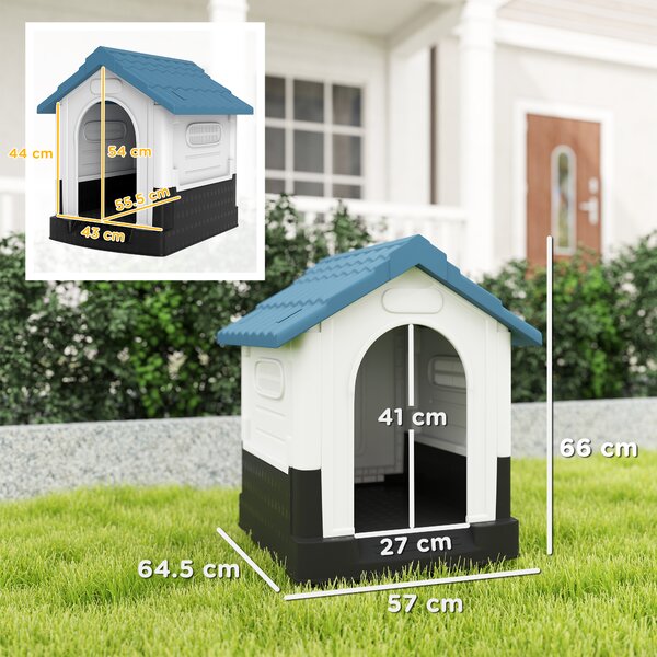PawHut Cușcă pentru Câini de Exterior din Plastic, Căsuță pentru Câini Mici și Mini cu Ferestre, Acoperiș Înclinat și Bază Ridicată, 64,5x57x66 cm, Albastru | Aosom Romania