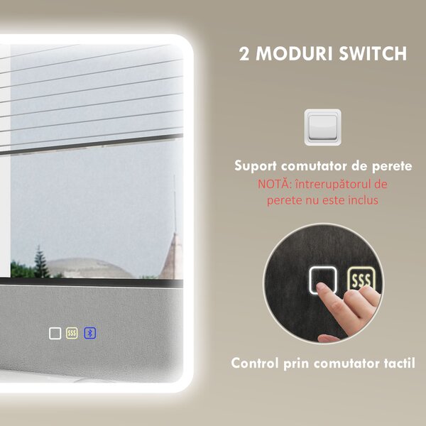 HOMCOM Oglindă de baie LED bluetooth 70 x 90 cm interruptor tactil lumină reglabilă 3 culori anti-abur memorie argintiu | Aosom Romania
