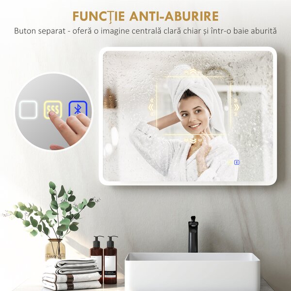 HOMCOM Oglindă de baie LED bluetooth 70 x 90 cm interruptor tactil lumină reglabilă 3 culori anti-abur memorie argintiu | Aosom Romania