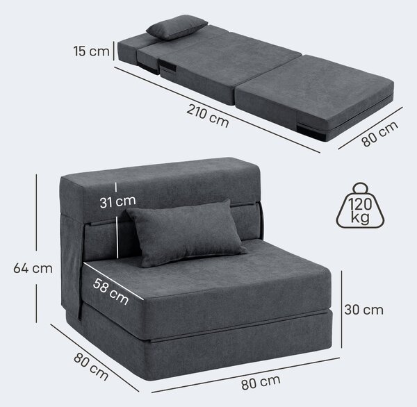 HOMCOM Fotoliu Pat Single Pliabil Modern, Fotoliu de Podea Compact Convertibil în Șezlong și Saltea, Pat pentru Living, Cameră de zi și Birou, 80x80x64 cm, Gri Închis | Aosom Romania
