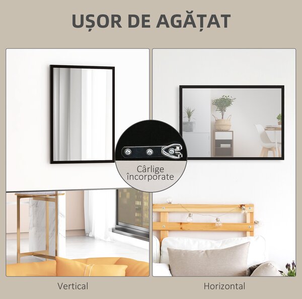 HOMCOM Oglindă Dreptunghiulară de Perete cu Cârlige, Sticlă și MDF, 60x80 cm, Negru | Aosom Romania