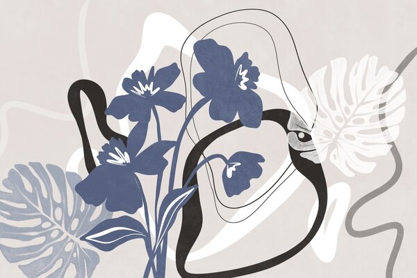 Tapet Flori albastre abstracte cu textură, cu forme albe și negre pe un fundal bej deschis, artă minimalistă, Fototapet Flori, w09645 : Uwalls.ro