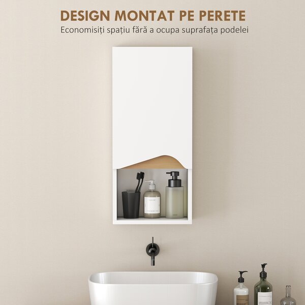 HOMCOM Dulap Suspendat pentru Baie cu Raft Deschis și Dulăpior Soft Close, Dulap cu Poliță Reglabilă, Spațiu de Depozitare Pe Perete, 30x17x67 cm, Alb și Lemn Natural | Aosom Romania