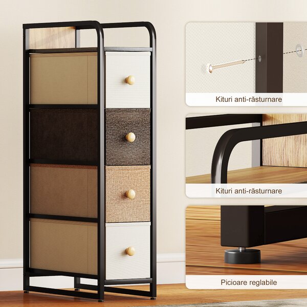 HOMCOM Comodă Slim din Material Textil cu 4 Sertare Pliabile, Mobil Compact din Oțel pentru Dormitor, Baie și Living, 20x47x84,5 cm, Multicolor | Aosom Romania
